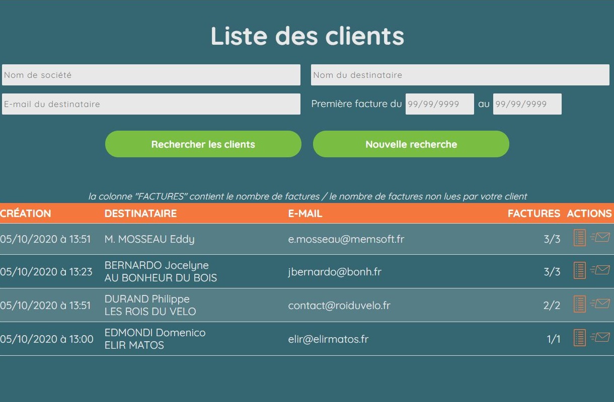 &eacute;cran liste des clients